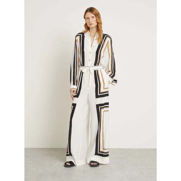 Zimmermann NWT Cream Black Draw Waist Silk Wide Leg Pants Trousers Size Small 1 - Picture 1 of 15